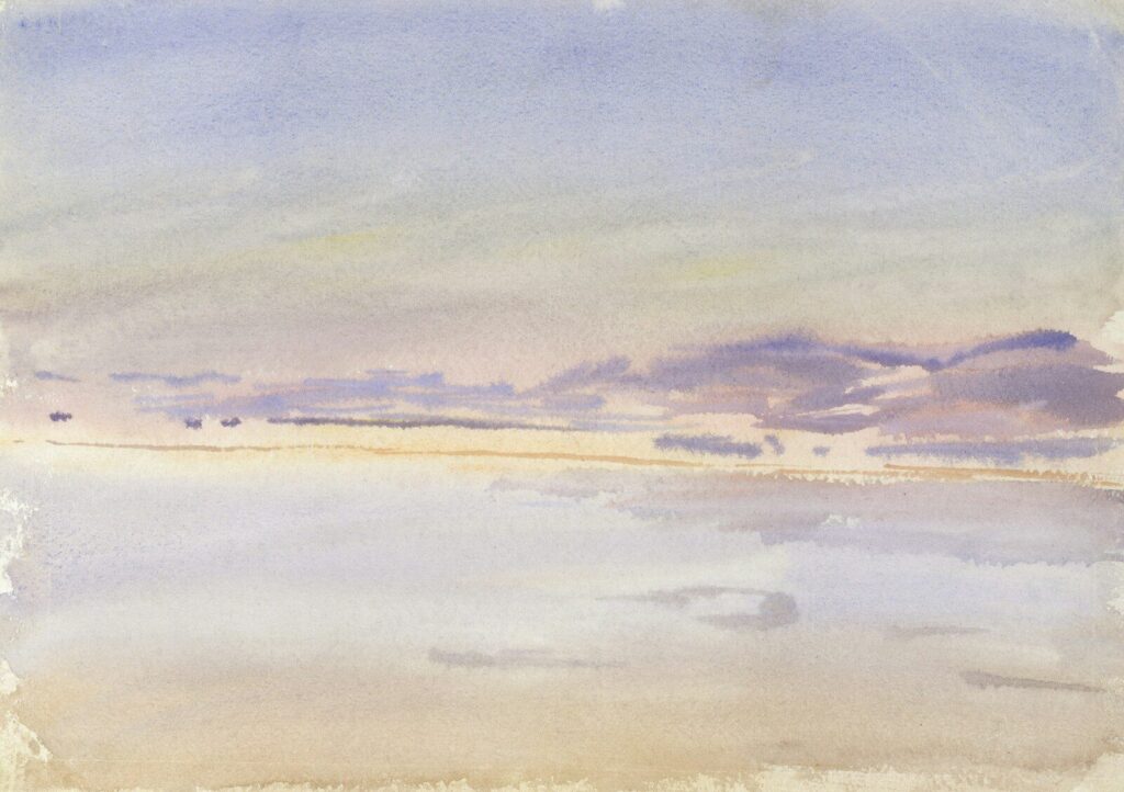 Serene watercolor of a calm sea under a pastel sky.