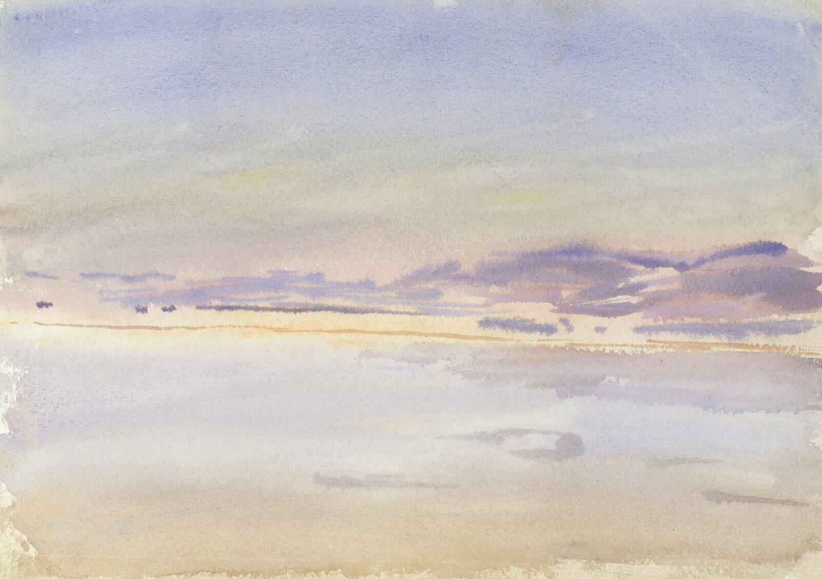 Serene watercolor of a calm sea under a pastel sky.